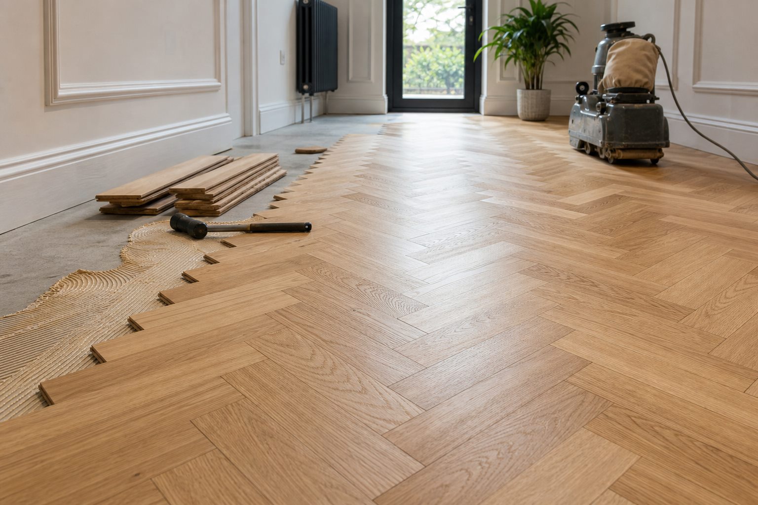 Herringbone wood flooring installation