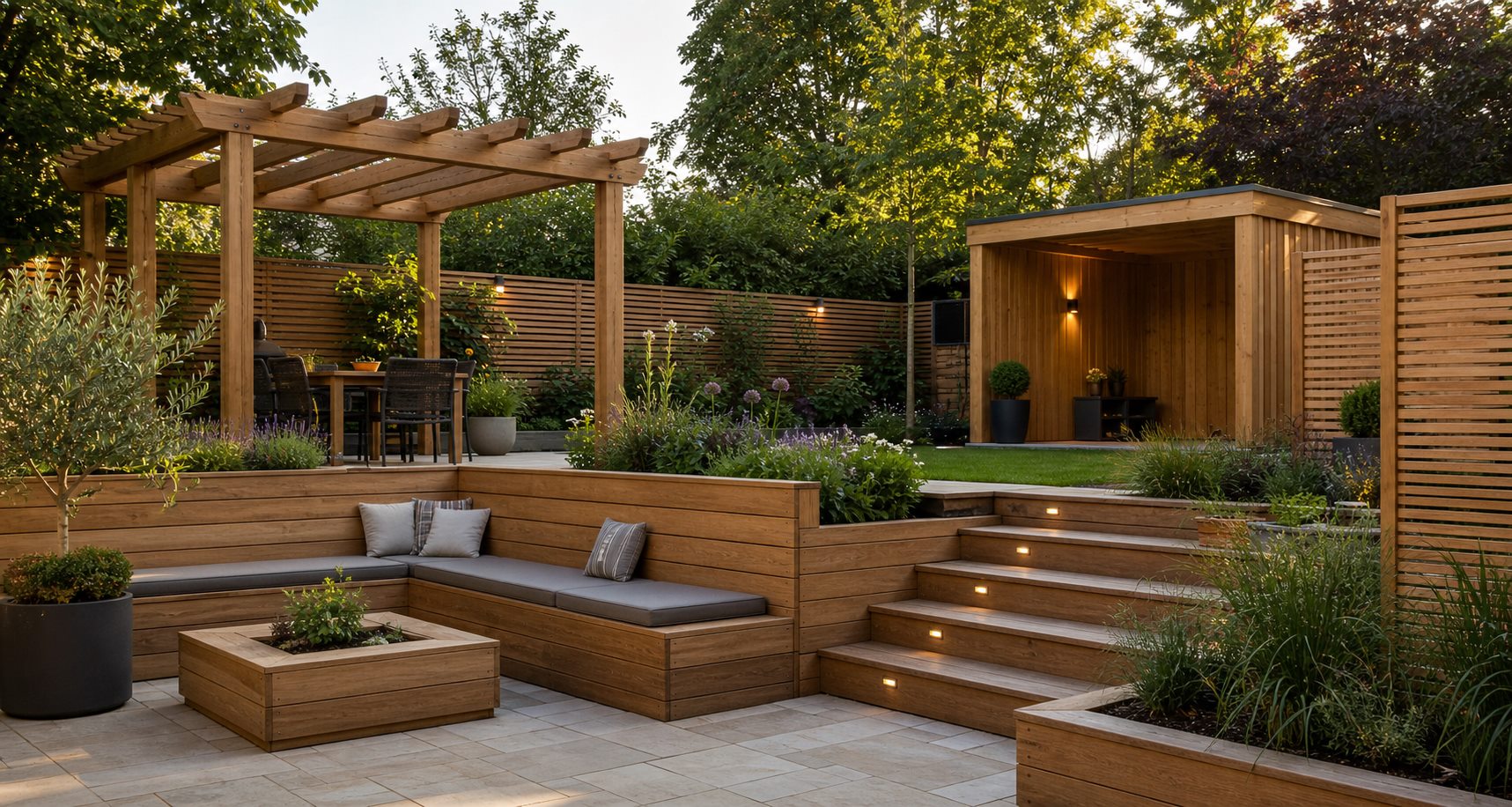 Garden carpentry with timber seating and pergola