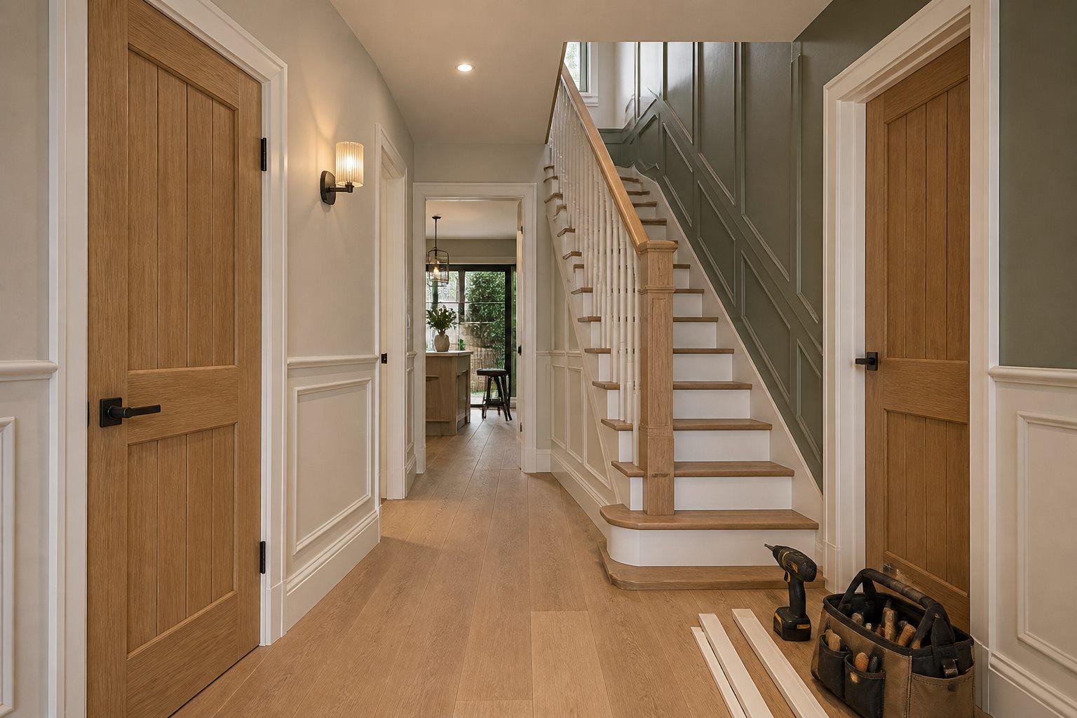 Interior doors, staircase and wall panelling