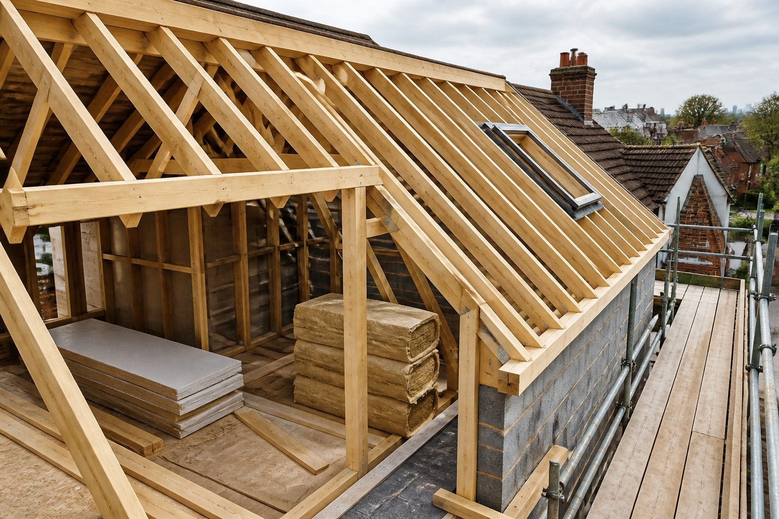 Timber roof structure under construction